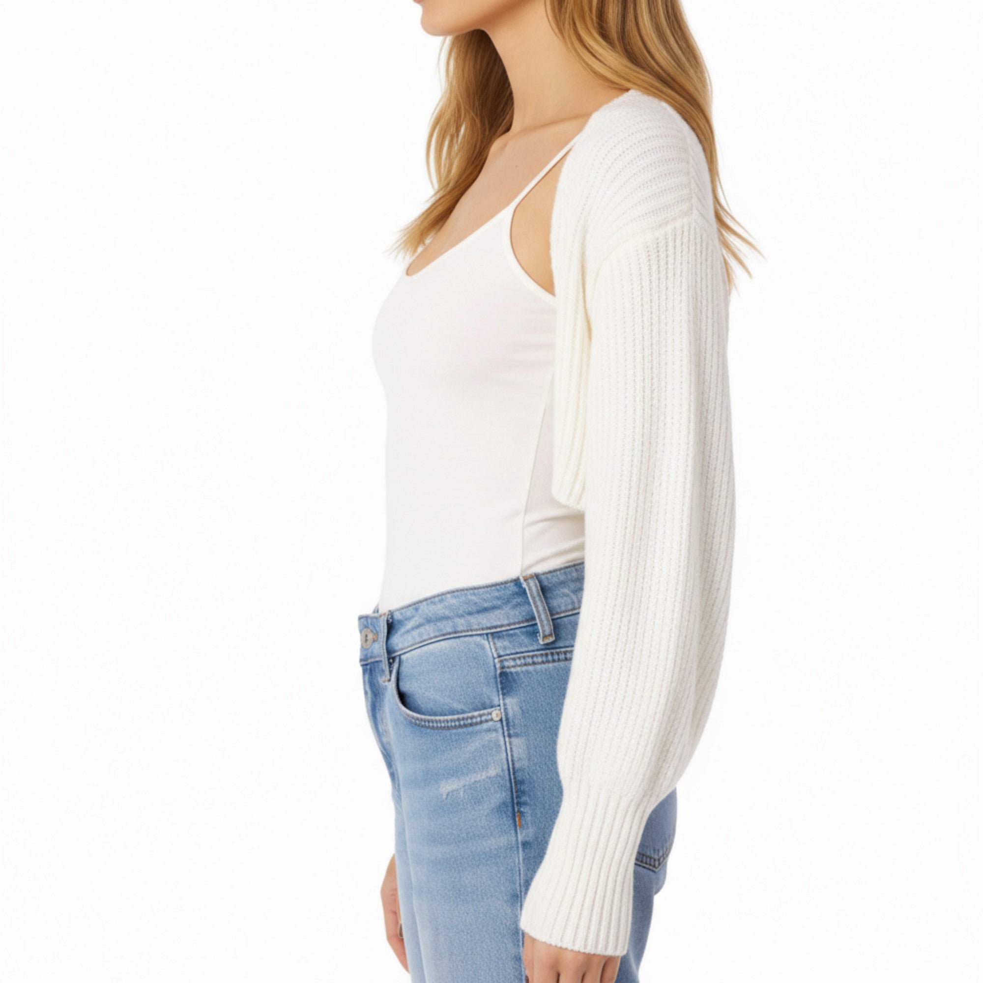 Anna-Kaci Women's Ribbed Knit Shrug Cardigan with Long Balloon Sleeves and Open Front Design
