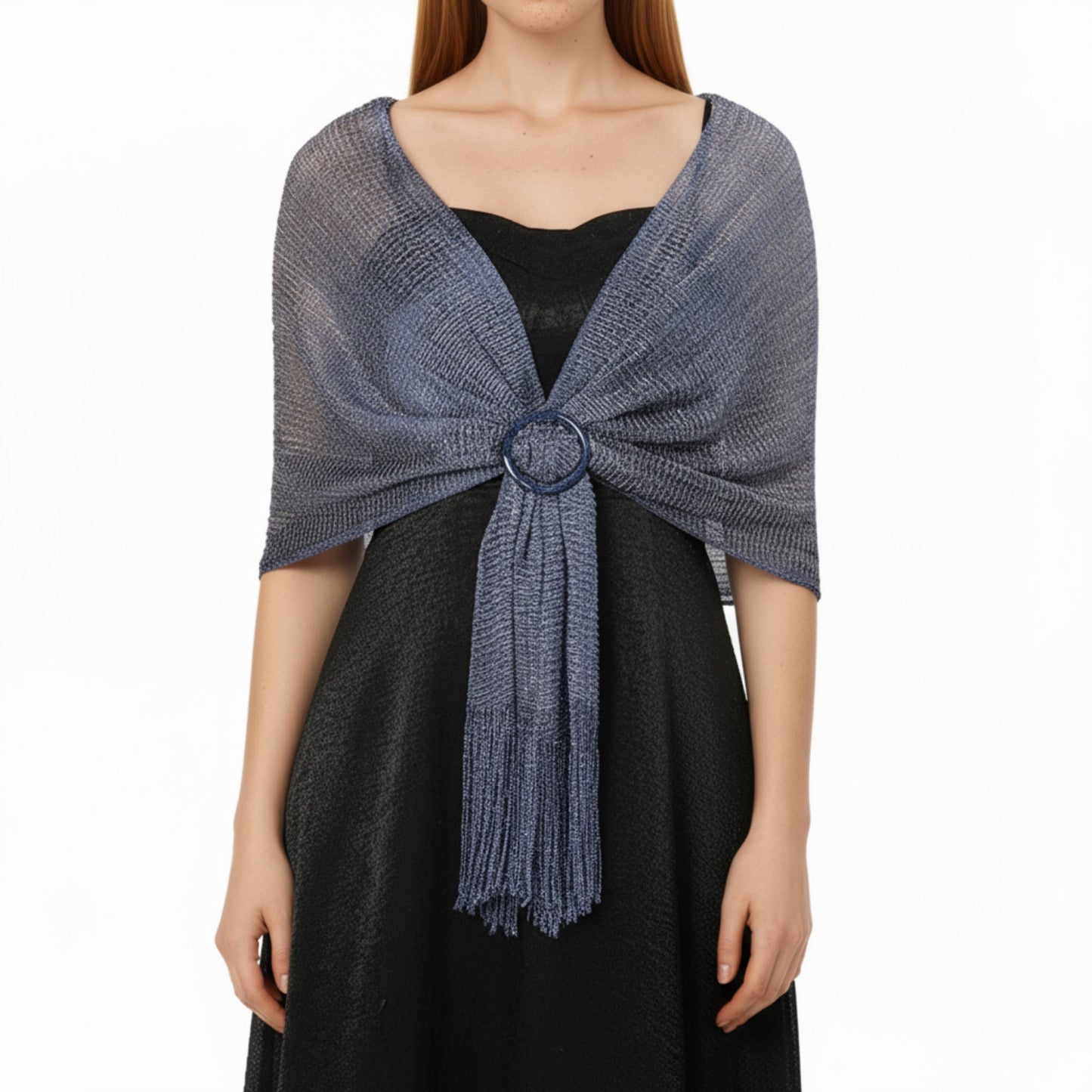 Anna-Kaci Women's Shimmer Knit Shawl Wrap with Ring Detail and Fringe Hem 17.5x63in