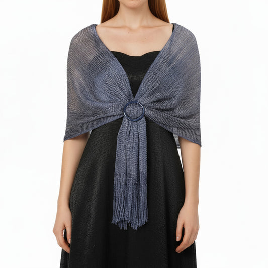 Anna-Kaci Women's Shimmer Knit Shawl Wrap with Ring Detail and Fringe Hem 17.5x63in