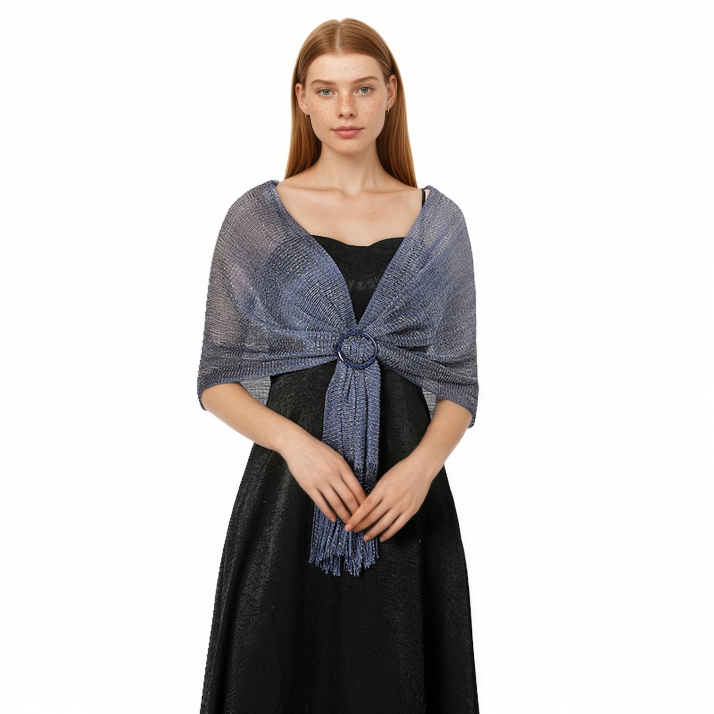 Anna-Kaci Women's Shimmer Knit Shawl Wrap with Ring Detail and Fringe Hem 17.5x63in