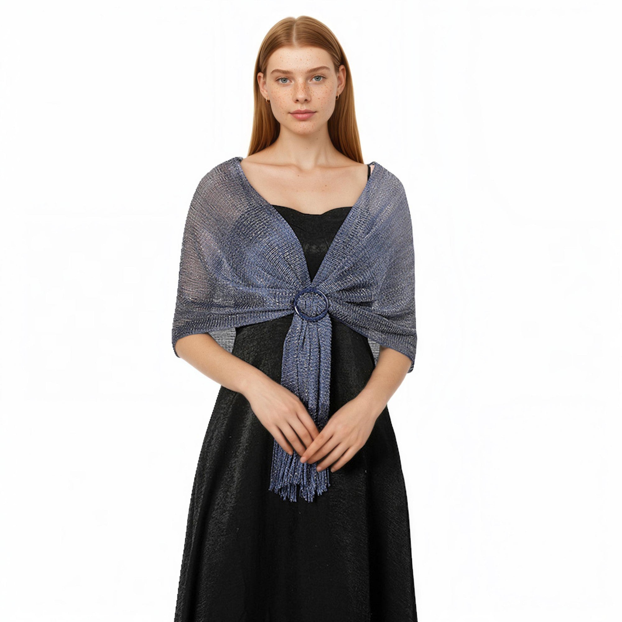 Anna-Kaci Women's Shimmer Knit Shawl Wrap with Ring Detail and Fringe Hem 17.5x63in