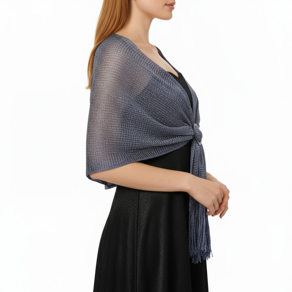 Anna-Kaci Women's Shimmer Knit Shawl Wrap with Ring Detail and Fringe Hem 17.5x63in