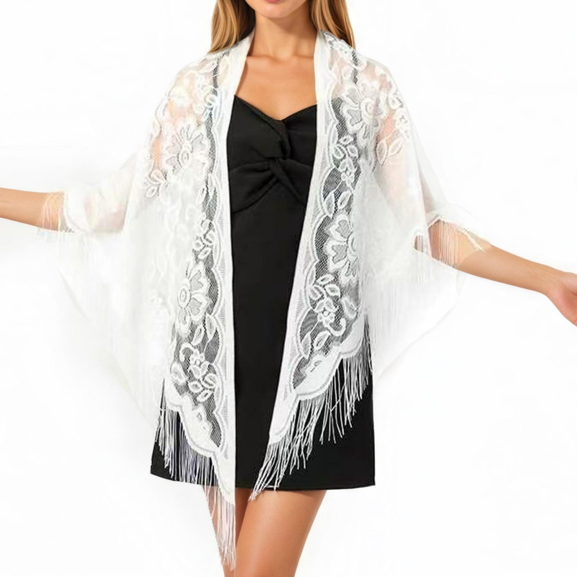 Anna-Kaci Women's Sheer Lace Kimono Shawl with Floral Embroidery and Fringe Hem