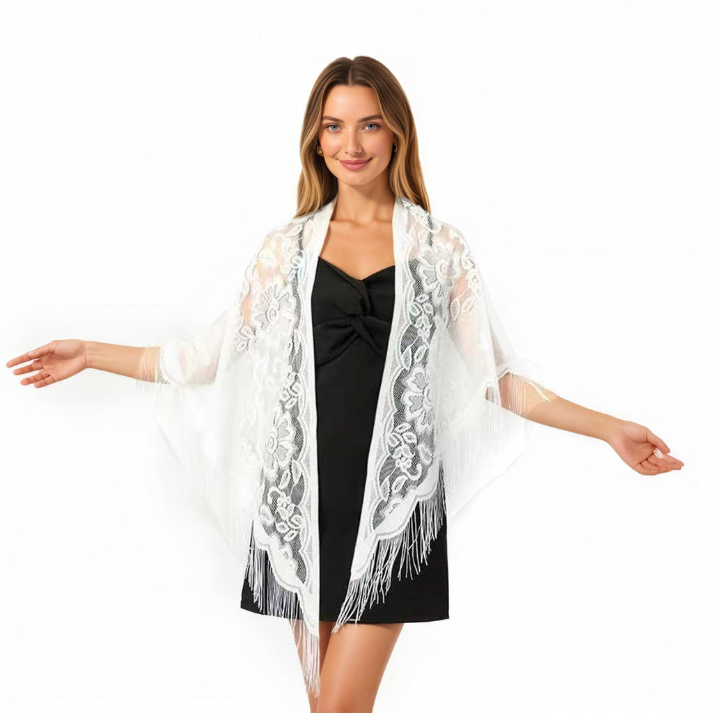 Anna-Kaci Women's Sheer Lace Kimono Shawl with Floral Embroidery and Fringe Hem