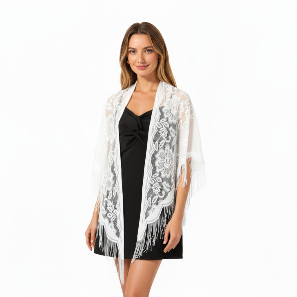 Anna-Kaci Women's Sheer Lace Kimono Shawl with Floral Embroidery and Fringe Hem