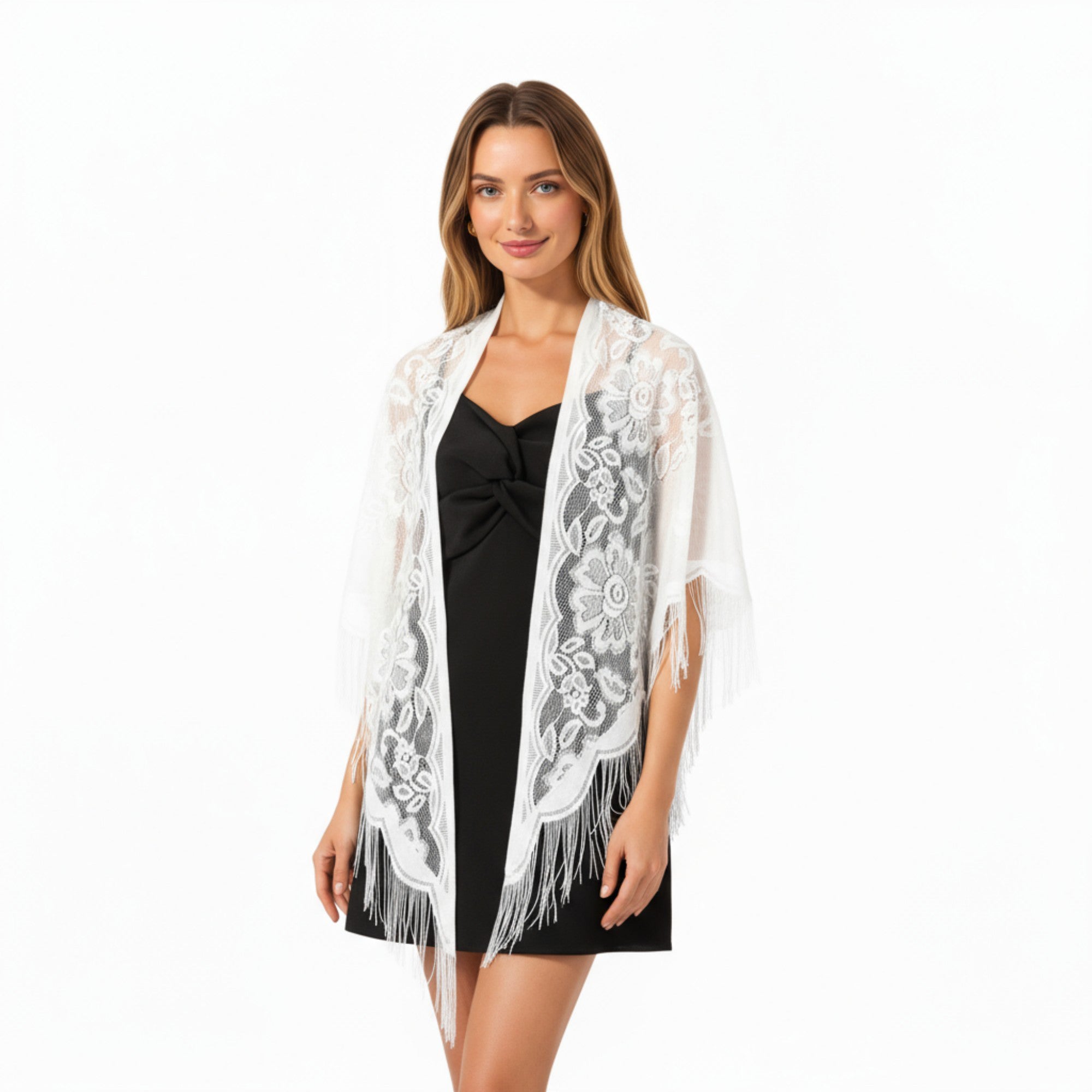 Anna-Kaci Women's Sheer Lace Kimono Shawl with Floral Embroidery and Fringe Hem