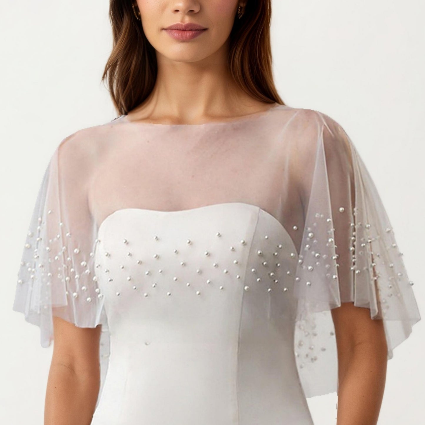 Anna-Kaci Women' s Sheer Pearl Embellished Capelet Shawl with Soft Tulle Fabric and Delicate Scattered Bead Accents