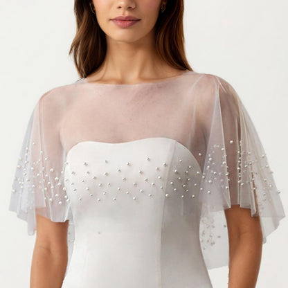Anna-Kaci Women' s Sheer Pearl Embellished Capelet Shawl with Soft Tulle Fabric and Delicate Scattered Bead Accents
