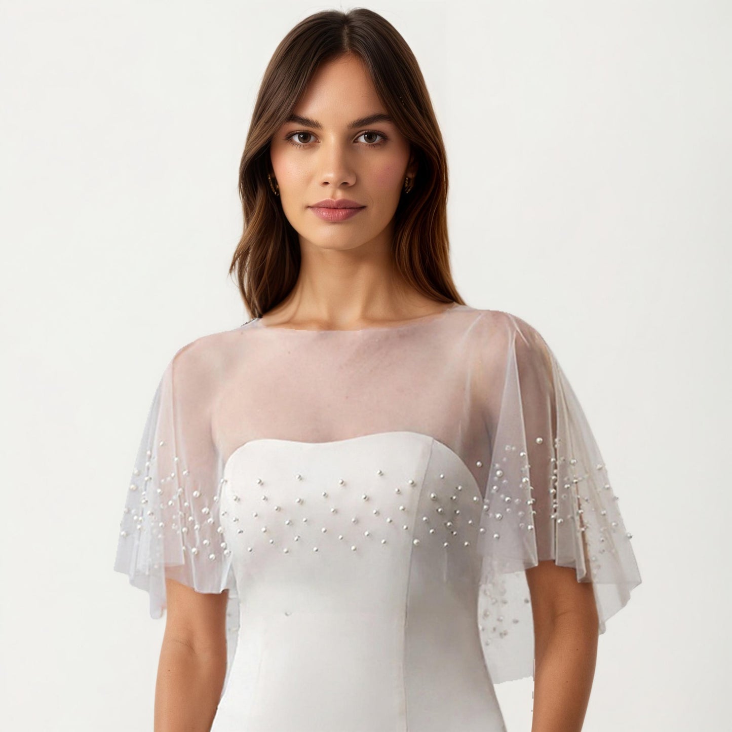 Anna-Kaci Women' s Sheer Pearl Embellished Capelet Shawl with Soft Tulle Fabric and Delicate Scattered Bead Accents