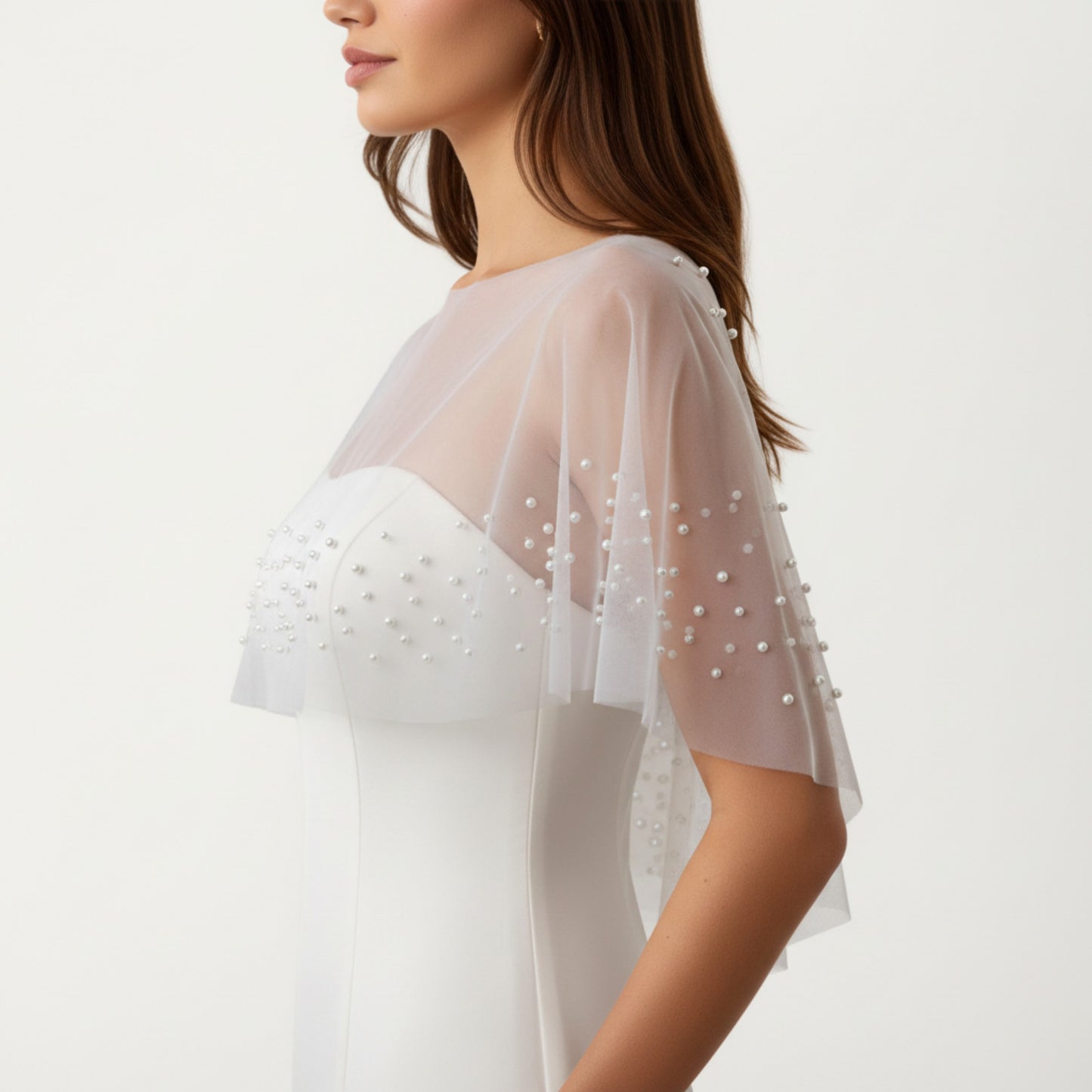 Anna-Kaci Women' s Sheer Pearl Embellished Capelet Shawl with Soft Tulle Fabric and Delicate Scattered Bead Accents