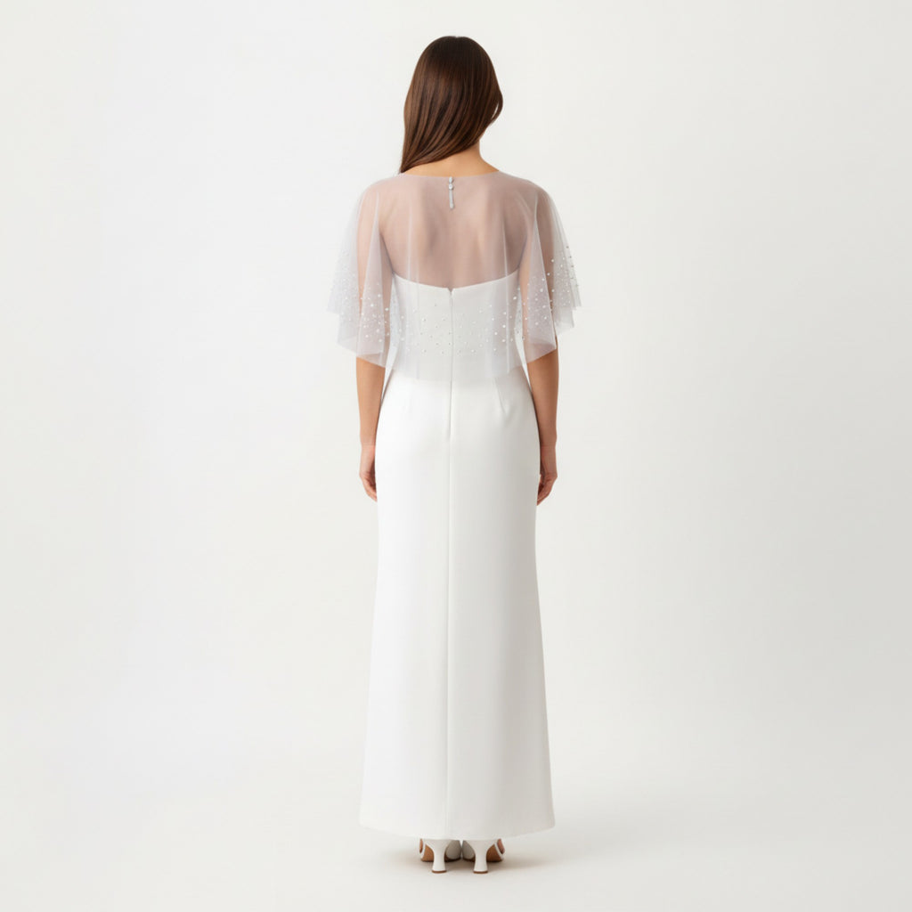 Anna-Kaci Women' s Sheer Pearl Embellished Capelet Shawl with Soft Tulle Fabric and Delicate Scattered Bead Accents