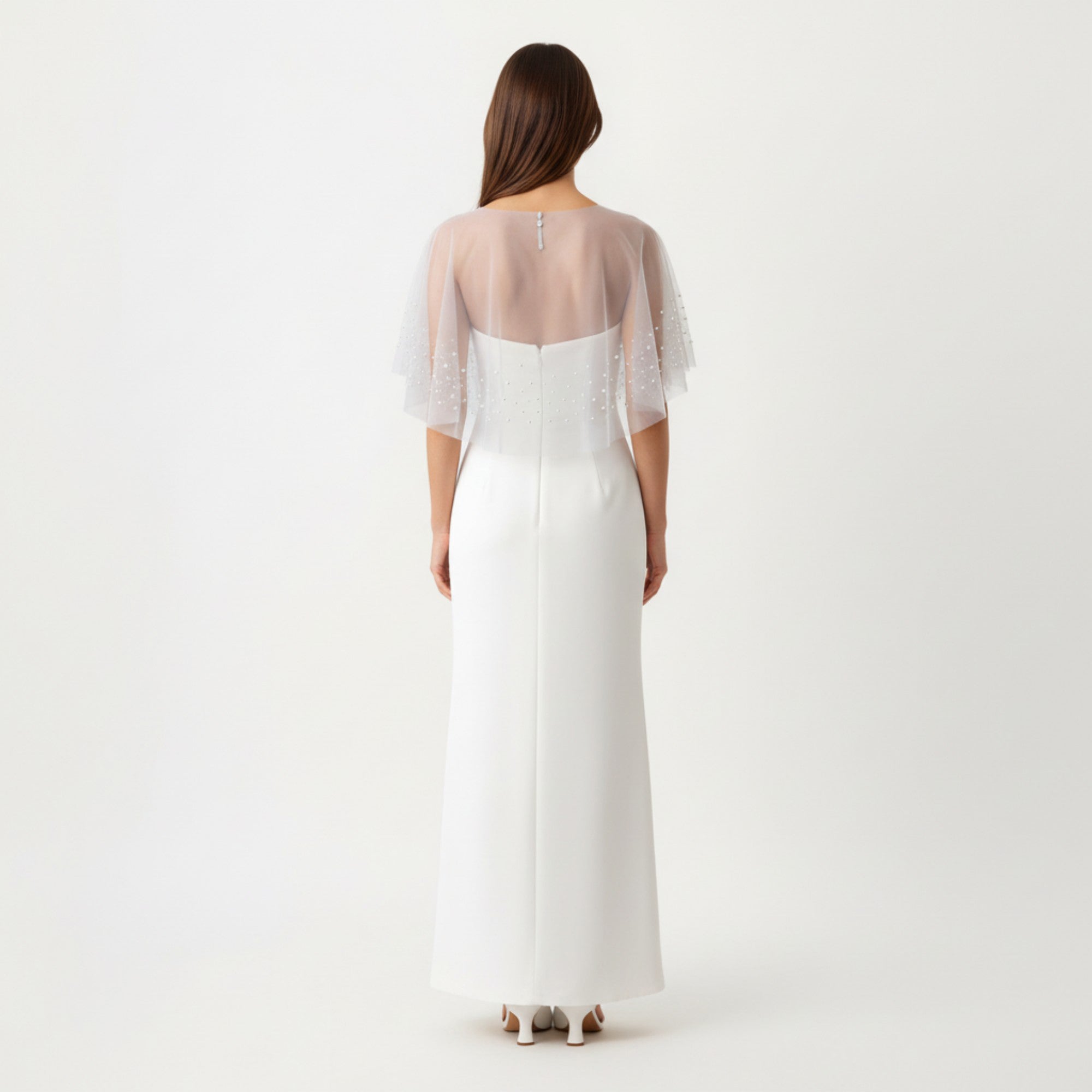 Anna-Kaci Women' s Sheer Pearl Embellished Capelet Shawl with Soft Tulle Fabric and Delicate Scattered Bead Accents