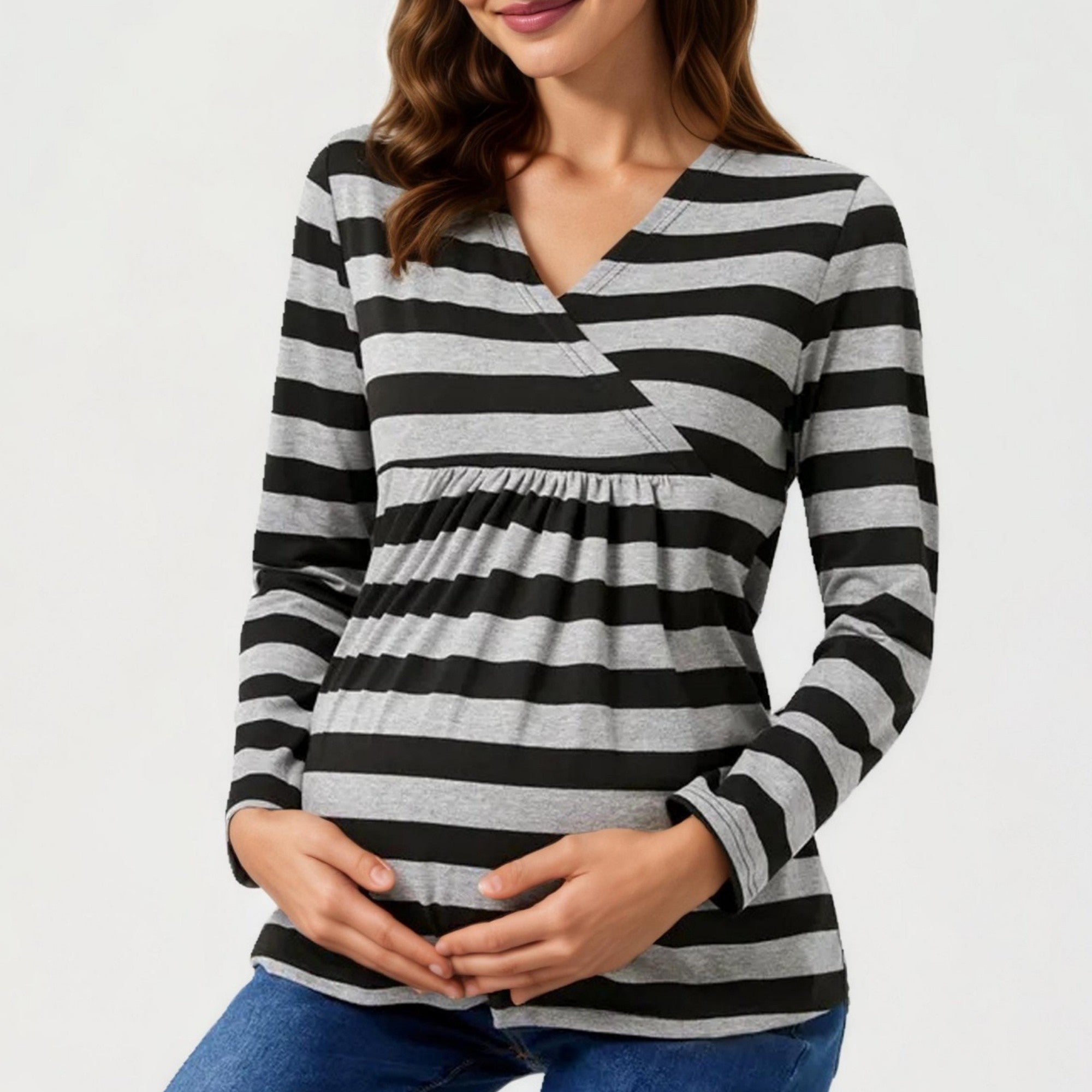 Anna-Kaci Women's Long Sleeve Striped V-Neck Maternity Top with Empire Waist