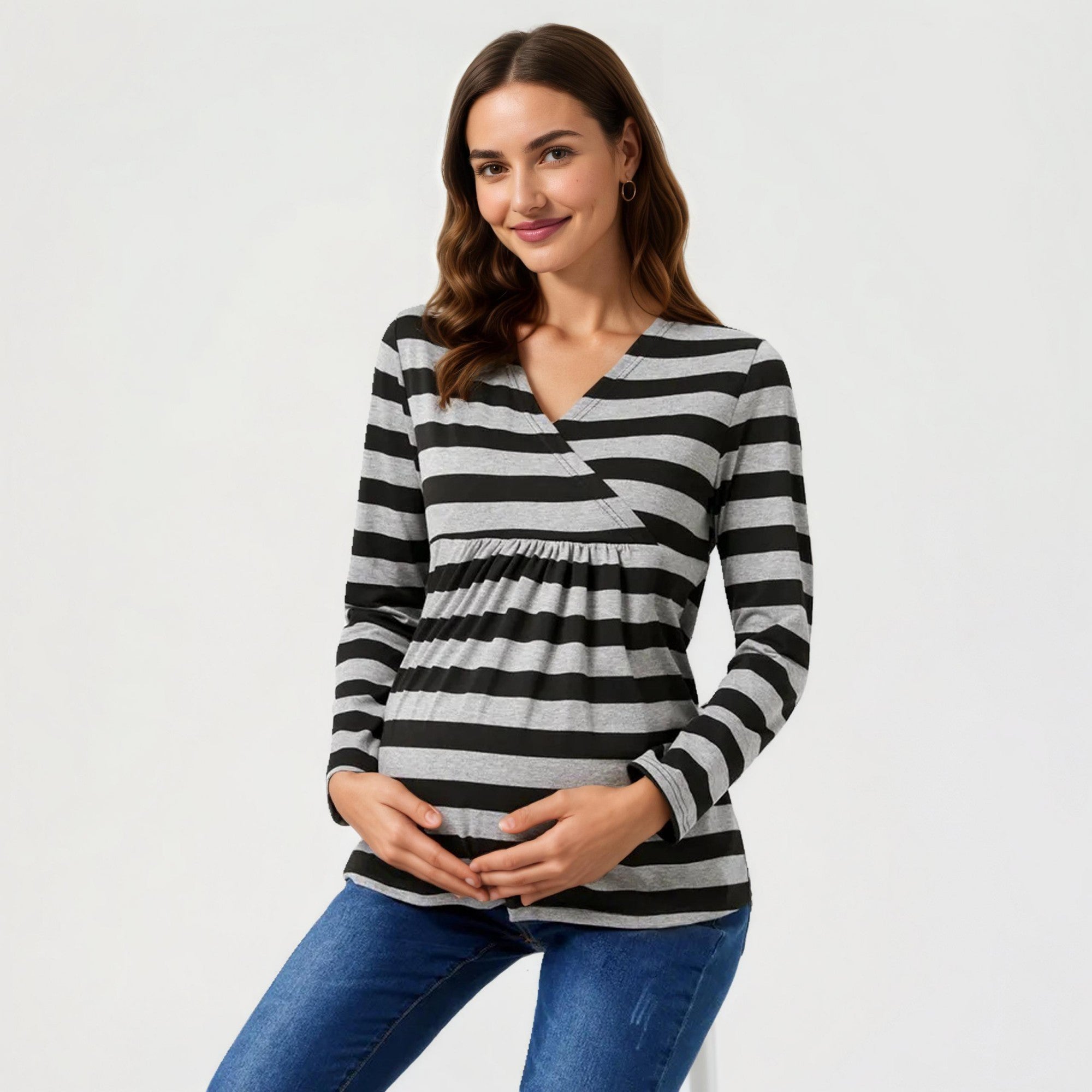 Anna-Kaci Women's Long Sleeve Striped V-Neck Maternity Top with Empire Waist