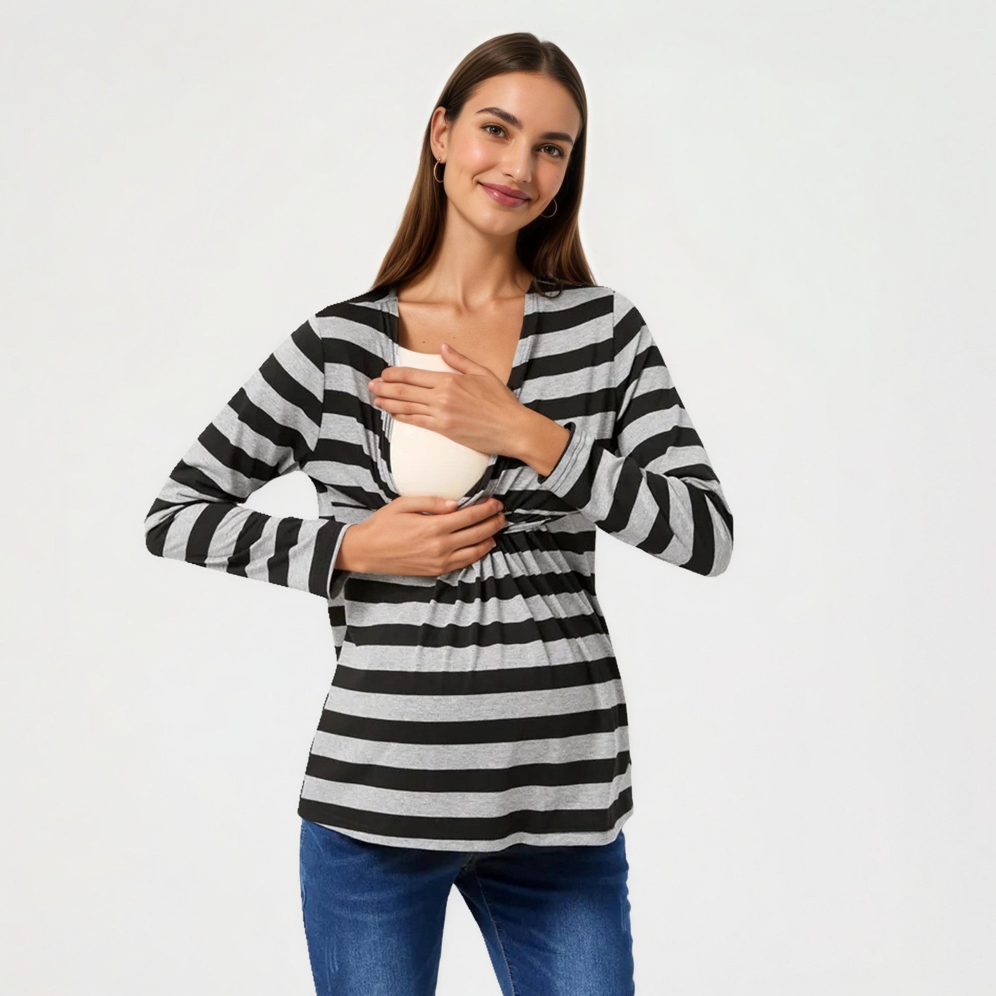 Anna-Kaci Women's Long Sleeve Striped V-Neck Maternity Top with Empire Waist