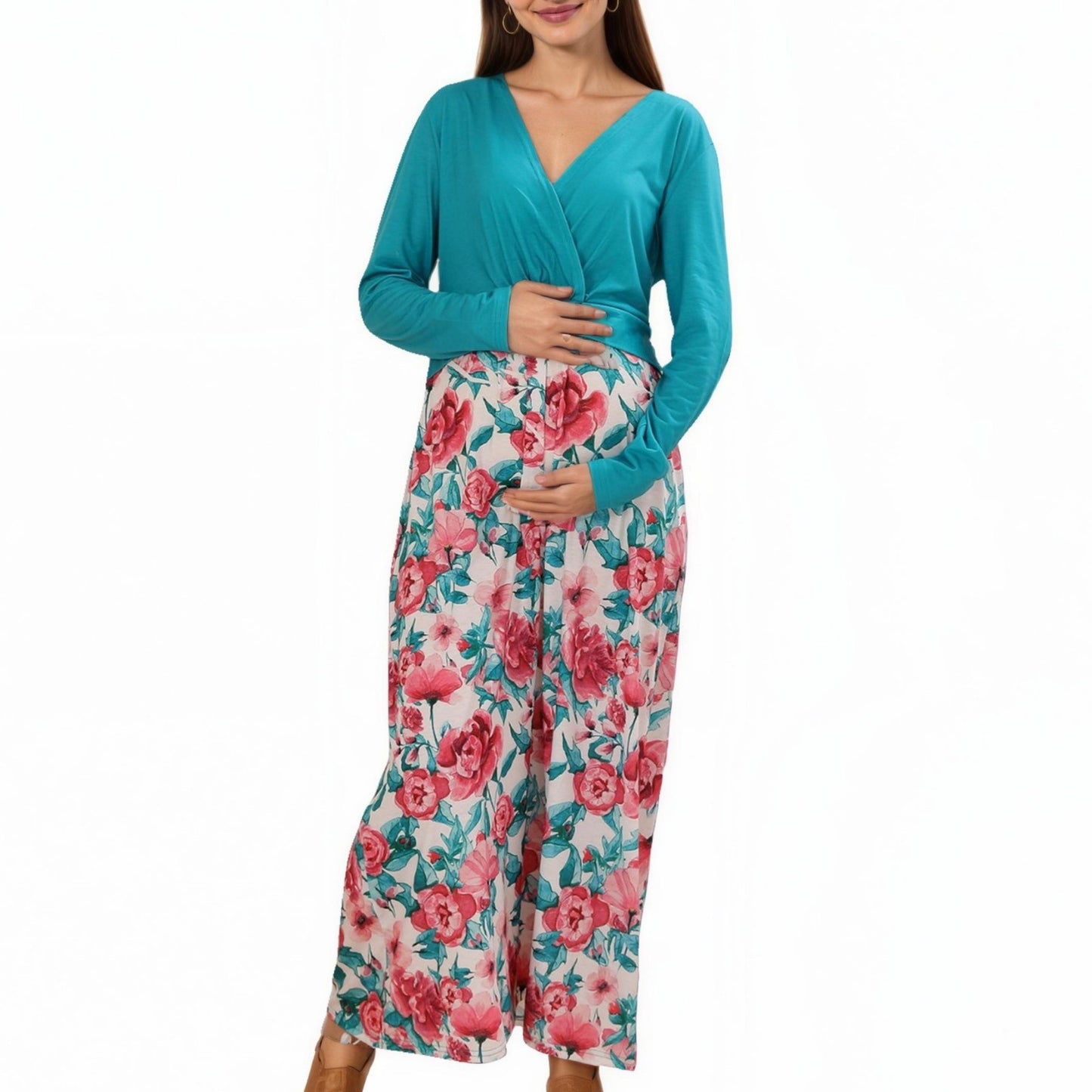 Anna-Kaci Women's Long Sleeve Floral Print Maternity Dresswith V-Neck Wrap Top