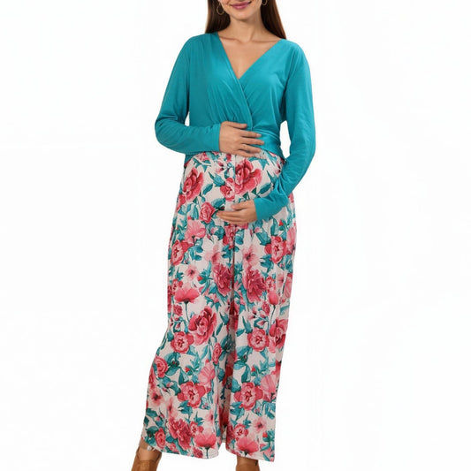 Anna-Kaci Women's Long Sleeve Floral Print Maternity Dresswith V-Neck Wrap Top