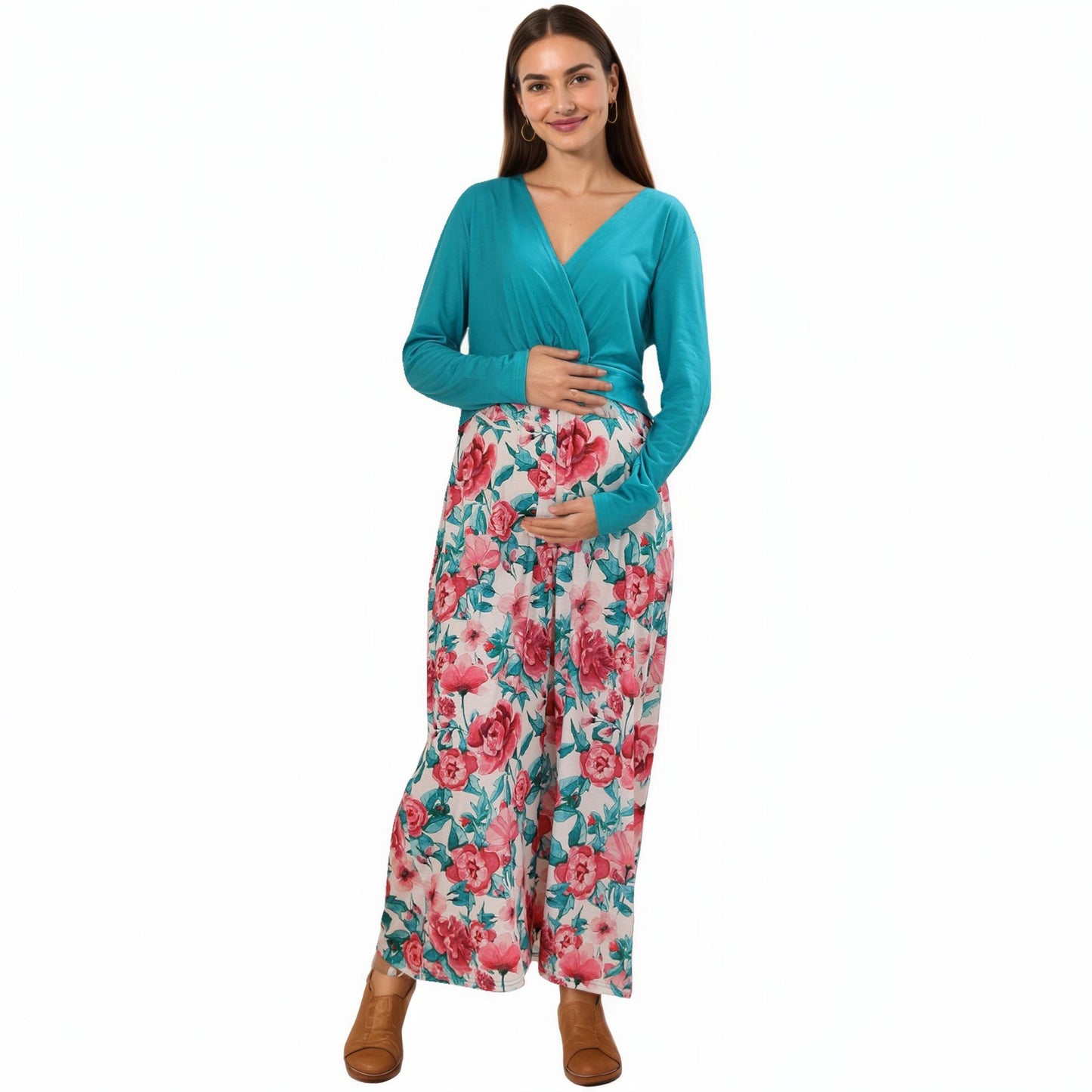 Anna-Kaci Women's Long Sleeve Floral Print Maternity Dresswith V-Neck Wrap Top