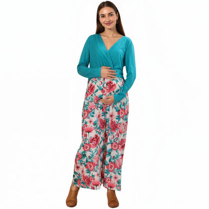 Anna-Kaci Women's Long Sleeve Floral Print Maternity Dresswith V-Neck Wrap Top