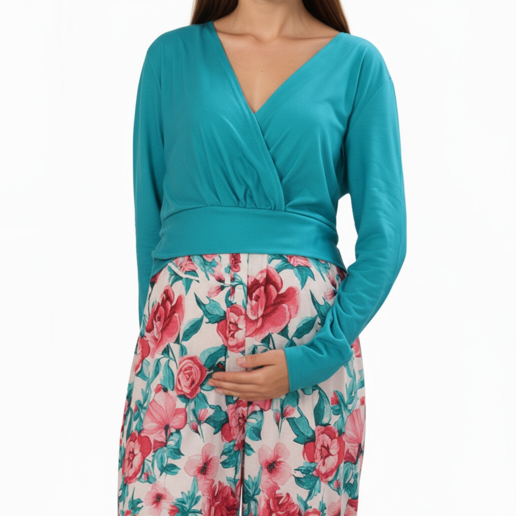 Anna-Kaci Women's Long Sleeve Floral Print Maternity Dresswith V-Neck Wrap Top