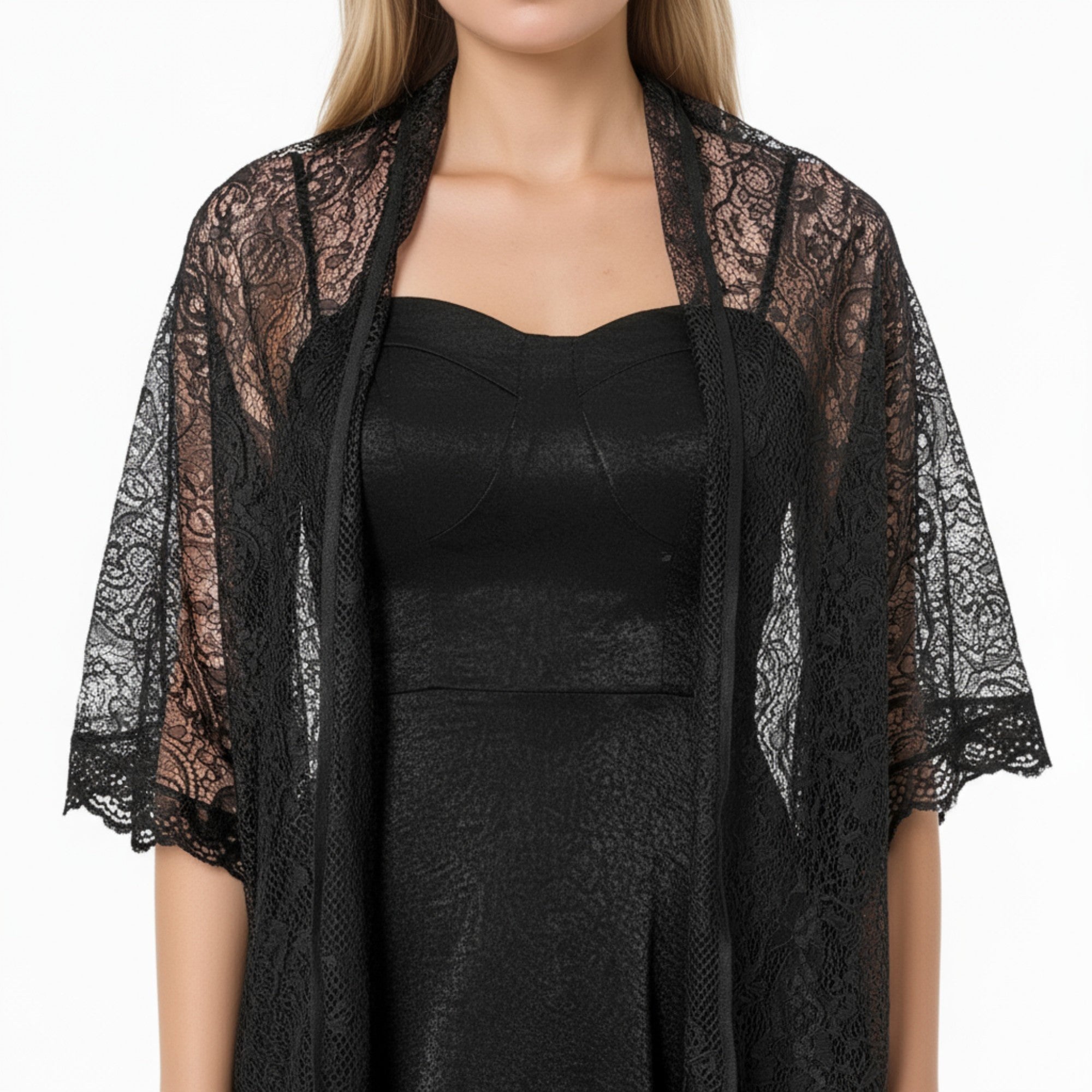 Anna-Kaci Women's Sheer Lace Kimono Shrug with Floral Pattern and Elbow-Length Sleeves