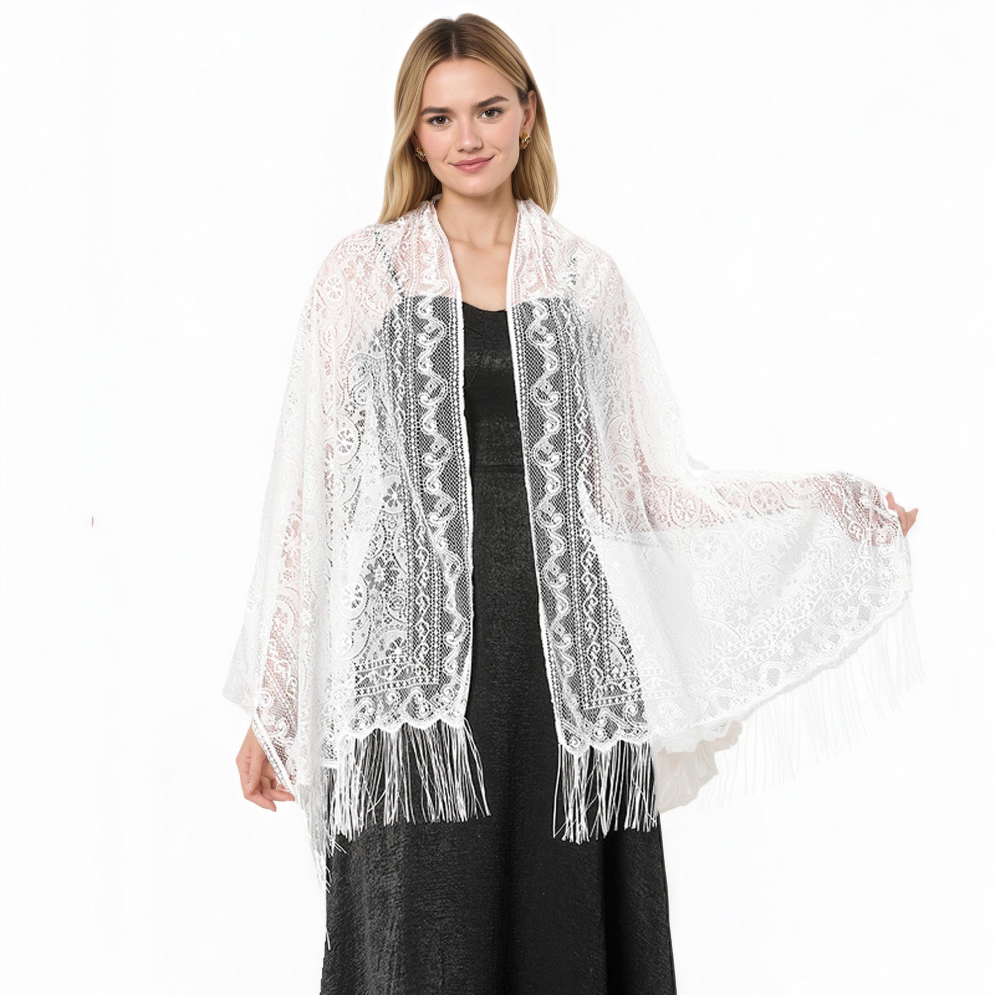 Anna-Kaci Women's Sheer Lace Kimono Shrug with Floral Pattern and Elbow-Length Sleeves