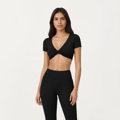 Anna-Kaci Active Women's Short Sleeve Twist Front V-Neck Crop Active Top