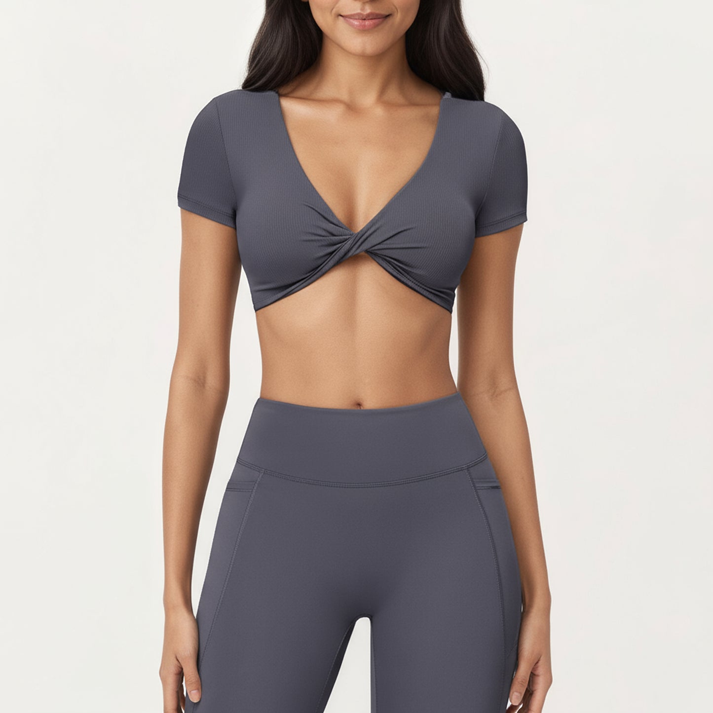 Anna-Kaci Active Women's Short Sleeve Twist Front V-Neck Crop Active Top