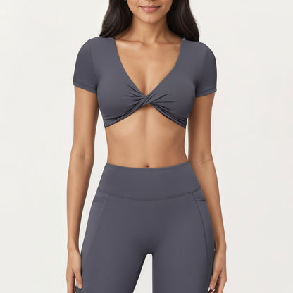 Anna-Kaci Active Women's Short Sleeve Twist Front V-Neck Crop Active Top