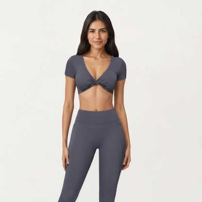 Anna-Kaci Active Women's Short Sleeve Twist Front V-Neck Crop Active Top