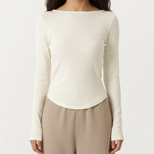 Anna-Kaci Active Women's Long Sleeve Rib Knit Top with Boat Neckline and Slim Fit Silhouette