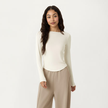 Anna-Kaci Active Women's Long Sleeve Rib Knit Top with Boat Neckline and Slim Fit Silhouette