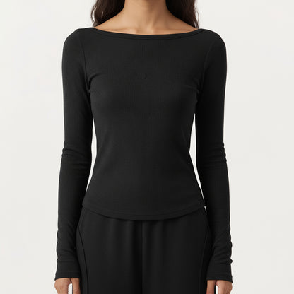 Anna-Kaci Active Women's Long Sleeve Rib Knit Top with Boat Neckline and Slim Fit Silhouette