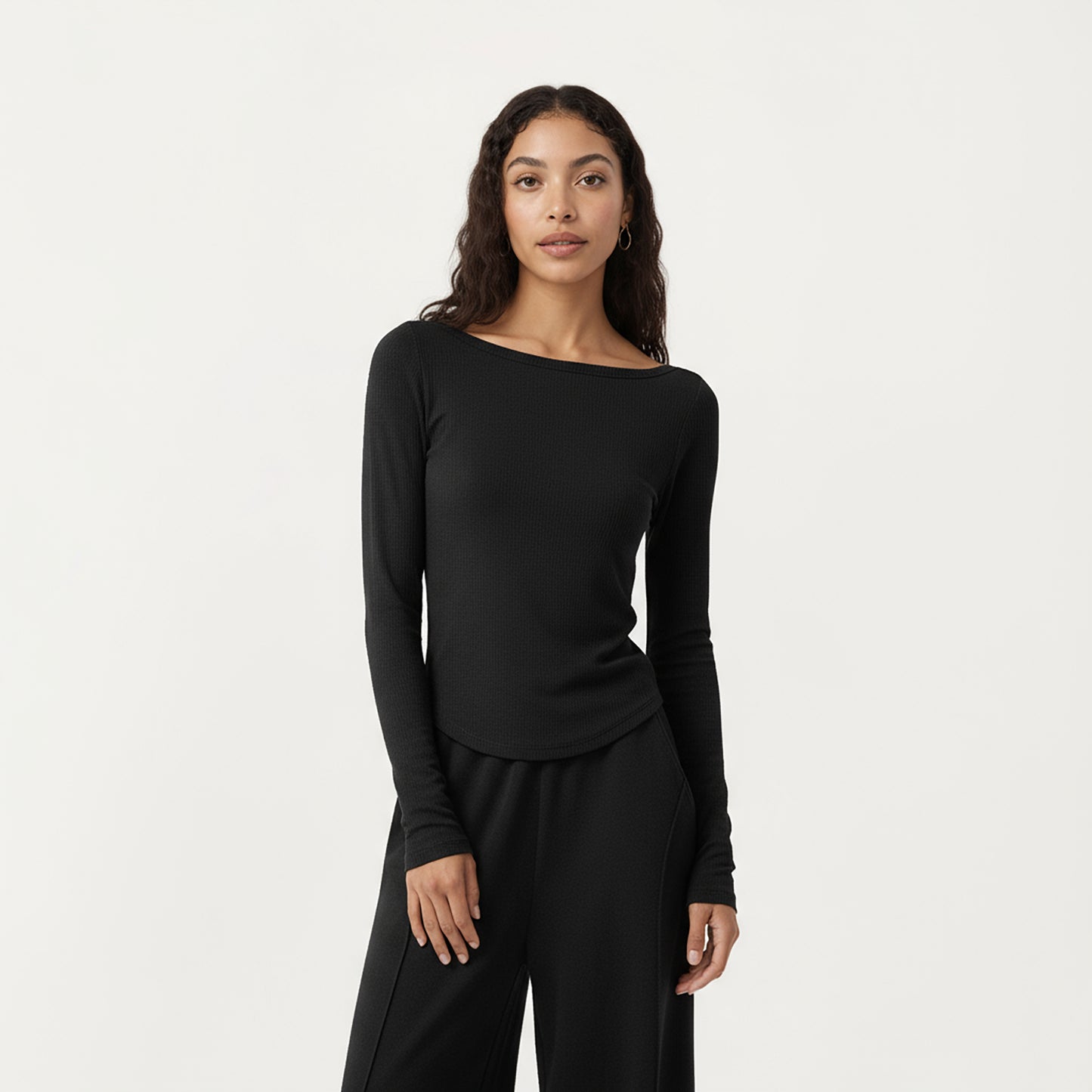 Anna-Kaci Active Women's Long Sleeve Rib Knit Top with Boat Neckline and Slim Fit Silhouette