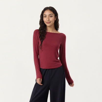 Anna-Kaci Active Women's Long Sleeve Rib Knit Top with Boat Neckline and Slim Fit Silhouette