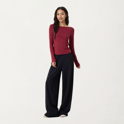 Anna-Kaci Active Women's Long Sleeve Rib Knit Top with Boat Neckline and Slim Fit Silhouette