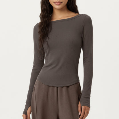 Anna-Kaci Active Women's Long Sleeve Rib Knit Top with Boat Neckline and Slim Fit Silhouette