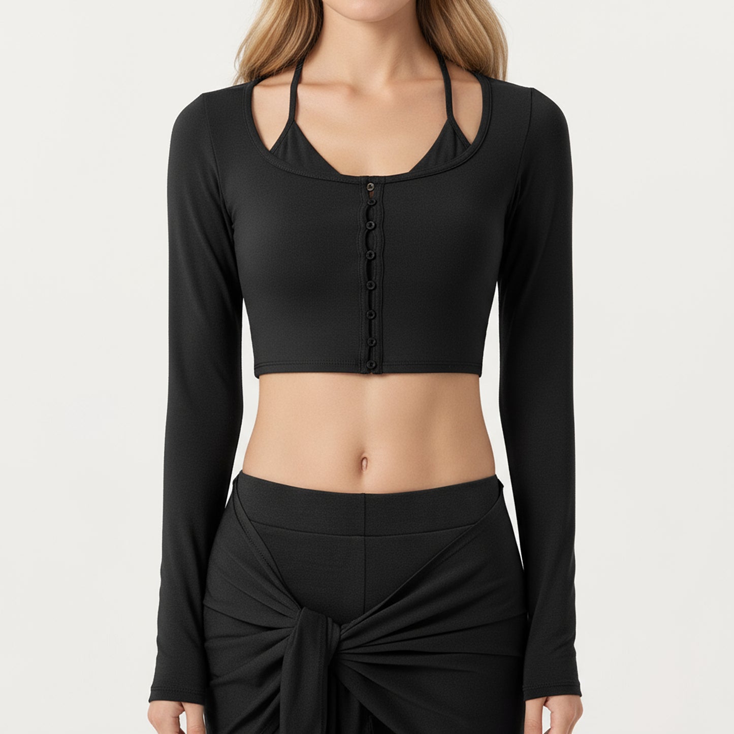 Anna-Kaci Active Women's Long Sleeve Cropped Button Front Top with Square Neckline and Fitted Silhouette