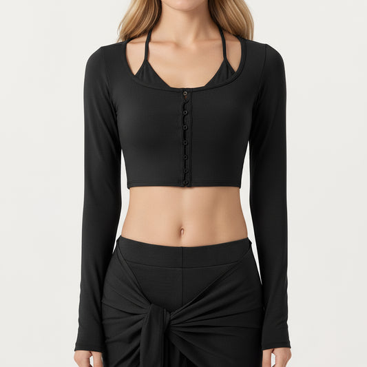 Anna-Kaci Active Women's Long Sleeve Cropped Button Front Top with Square Neckline and Fitted Silhouette