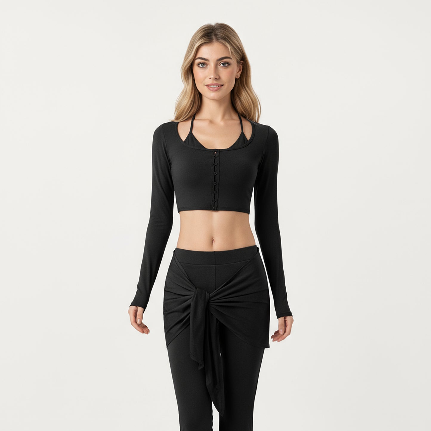 Anna-Kaci Active Women's Long Sleeve Cropped Button Front Top with Square Neckline and Fitted Silhouette