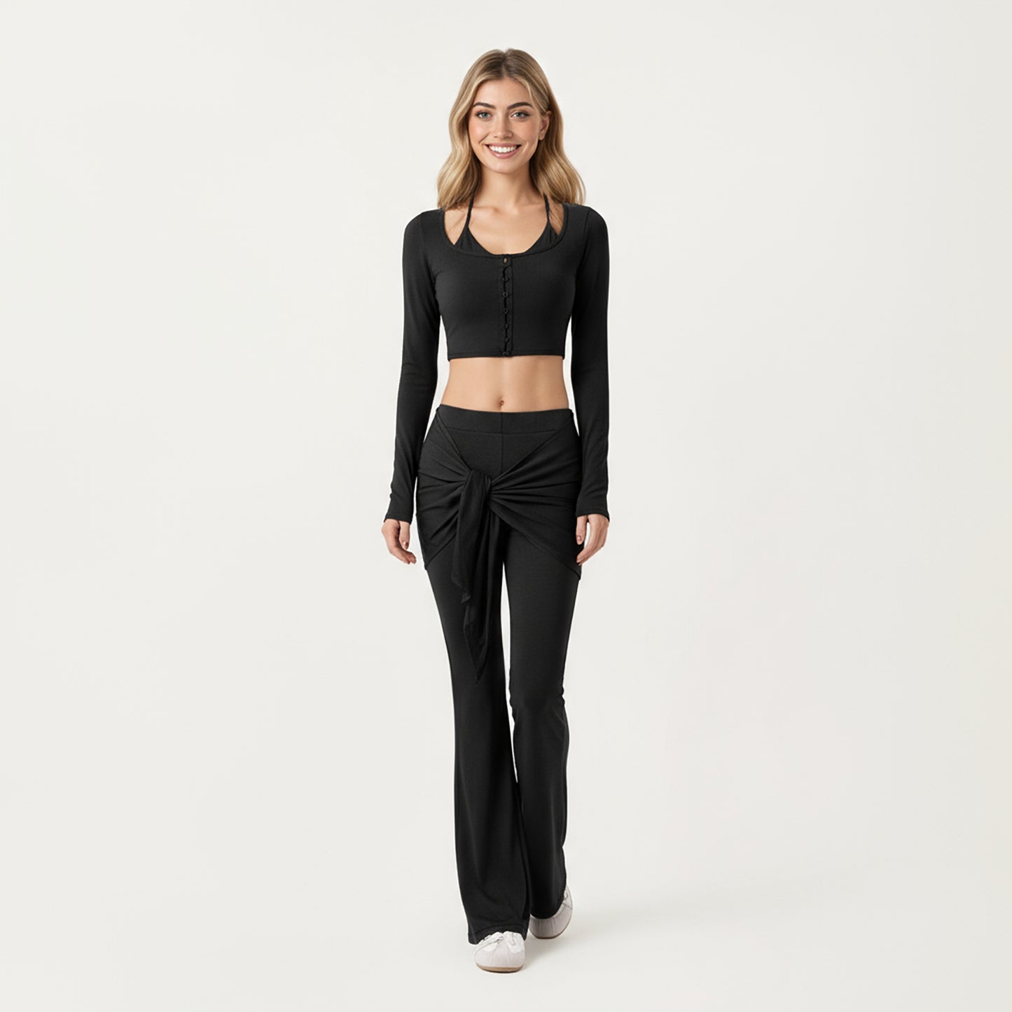 Anna-Kaci Active Women's Long Sleeve Cropped Button Front Top with Square Neckline and Fitted Silhouette