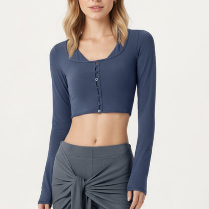 Anna-Kaci Active Women's Long Sleeve Cropped Button Front Top with Square Neckline and Fitted Silhouette
