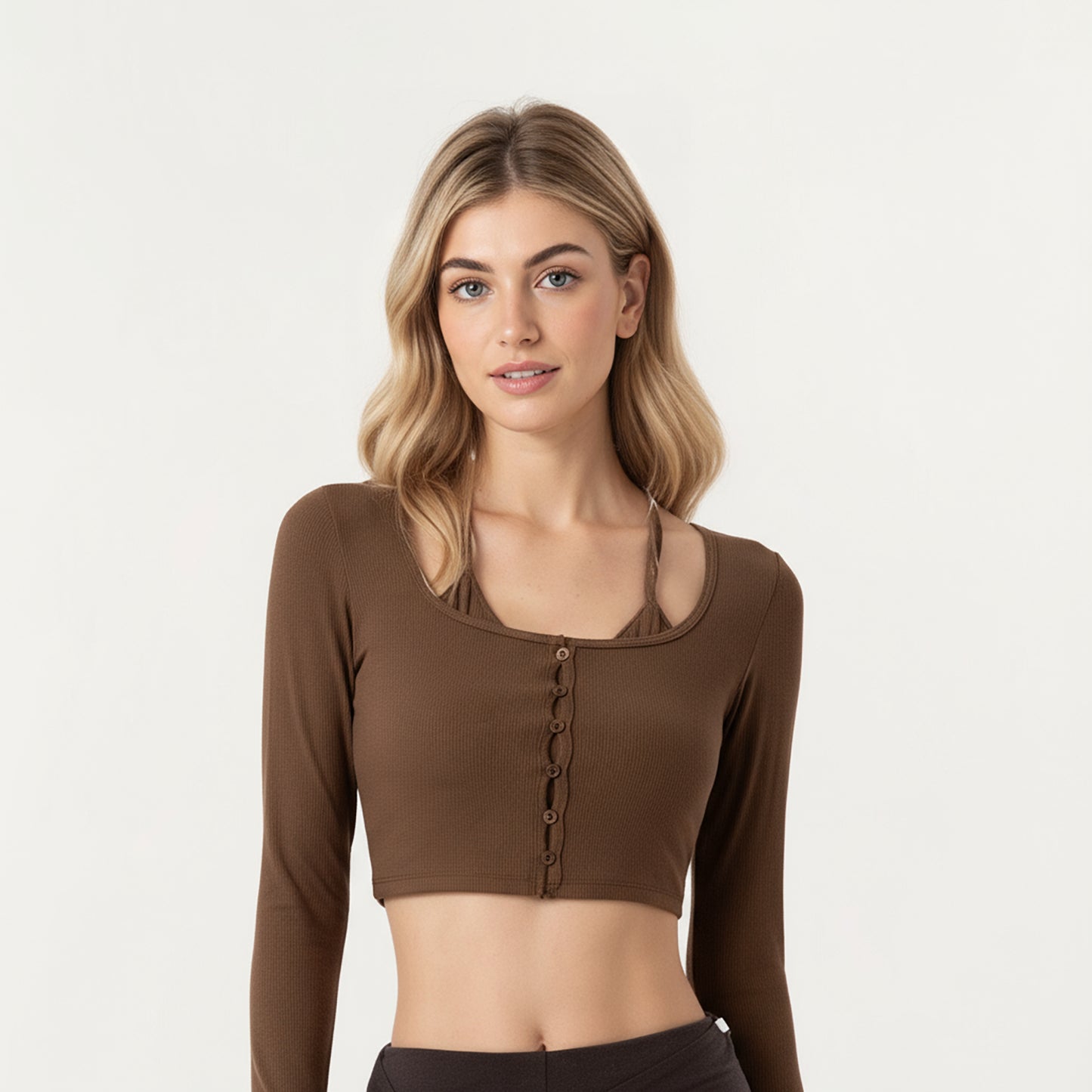 Anna-Kaci Active Women's Long Sleeve Cropped Button Front Top with Square Neckline and Fitted Silhouette