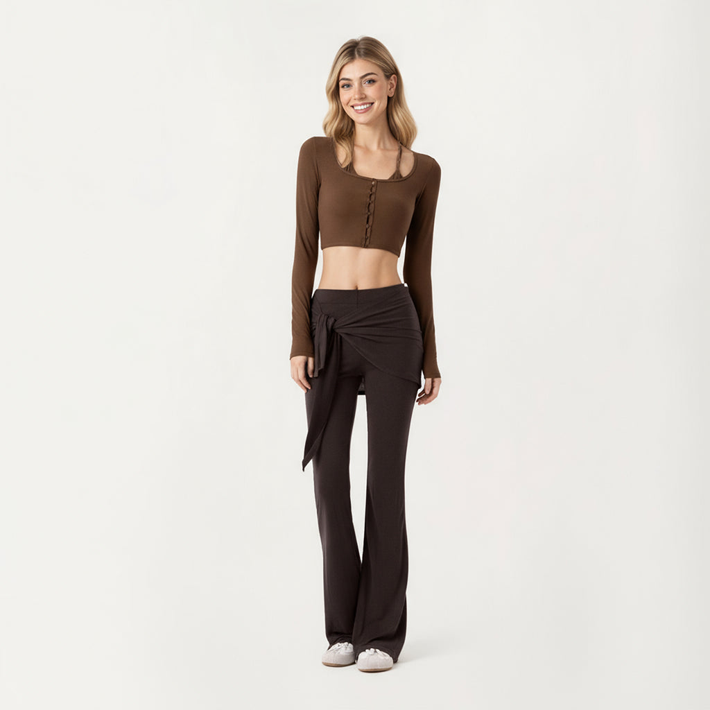Anna-Kaci Active Women's Long Sleeve Cropped Button Front Top with Square Neckline and Fitted Silhouette