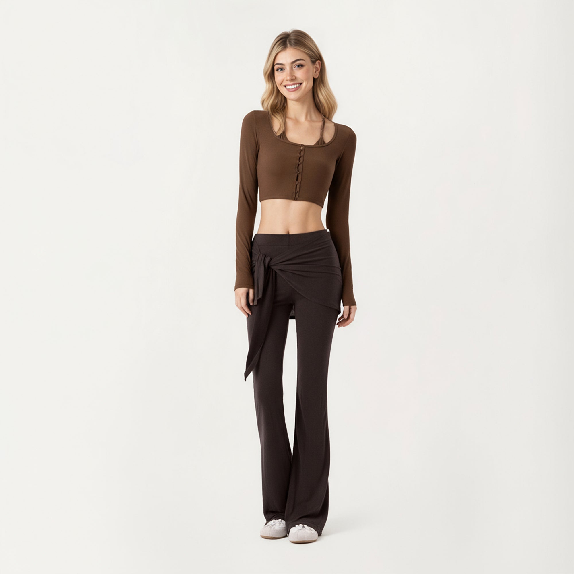 Anna-Kaci Active Women's Long Sleeve Cropped Button Front Top with Square Neckline and Fitted Silhouette