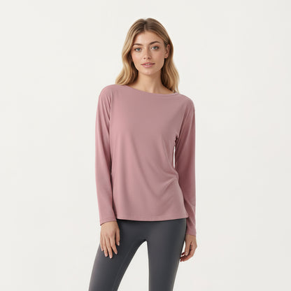 Anna-Kaci Active Women's Long Sleeve Pullover Top with Relaxed Fit and Boat Neckline