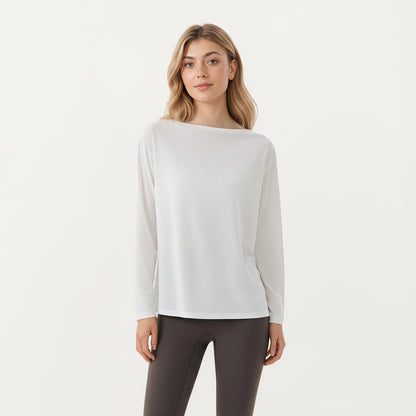 Anna-Kaci Active Women's Long Sleeve Pullover Top with Relaxed Fit and Boat Neckline