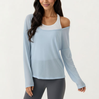 Anna-Kaci Active 2-Piece Women's Long Sleeve Sheer Pullover Top Set with Off Shoulder Neckline and Relaxed Fit