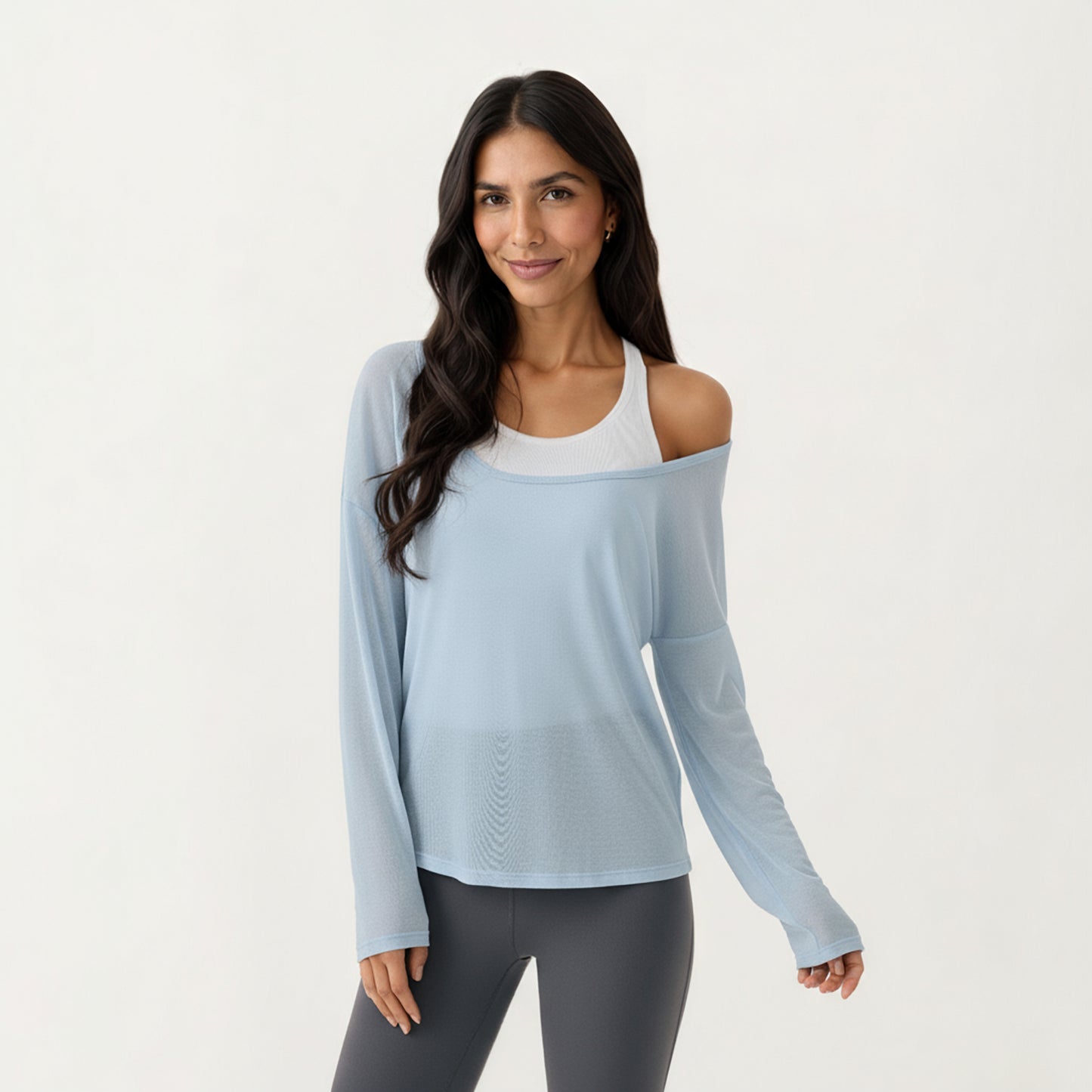 Anna-Kaci Active 2-Piece Women's Long Sleeve Sheer Pullover Top Set with Off Shoulder Neckline and Relaxed Fit