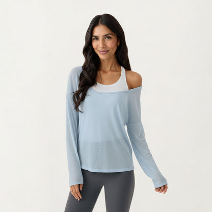 Anna-Kaci Active 2-Piece Women's Long Sleeve Sheer Pullover Top Set with Off Shoulder Neckline and Relaxed Fit